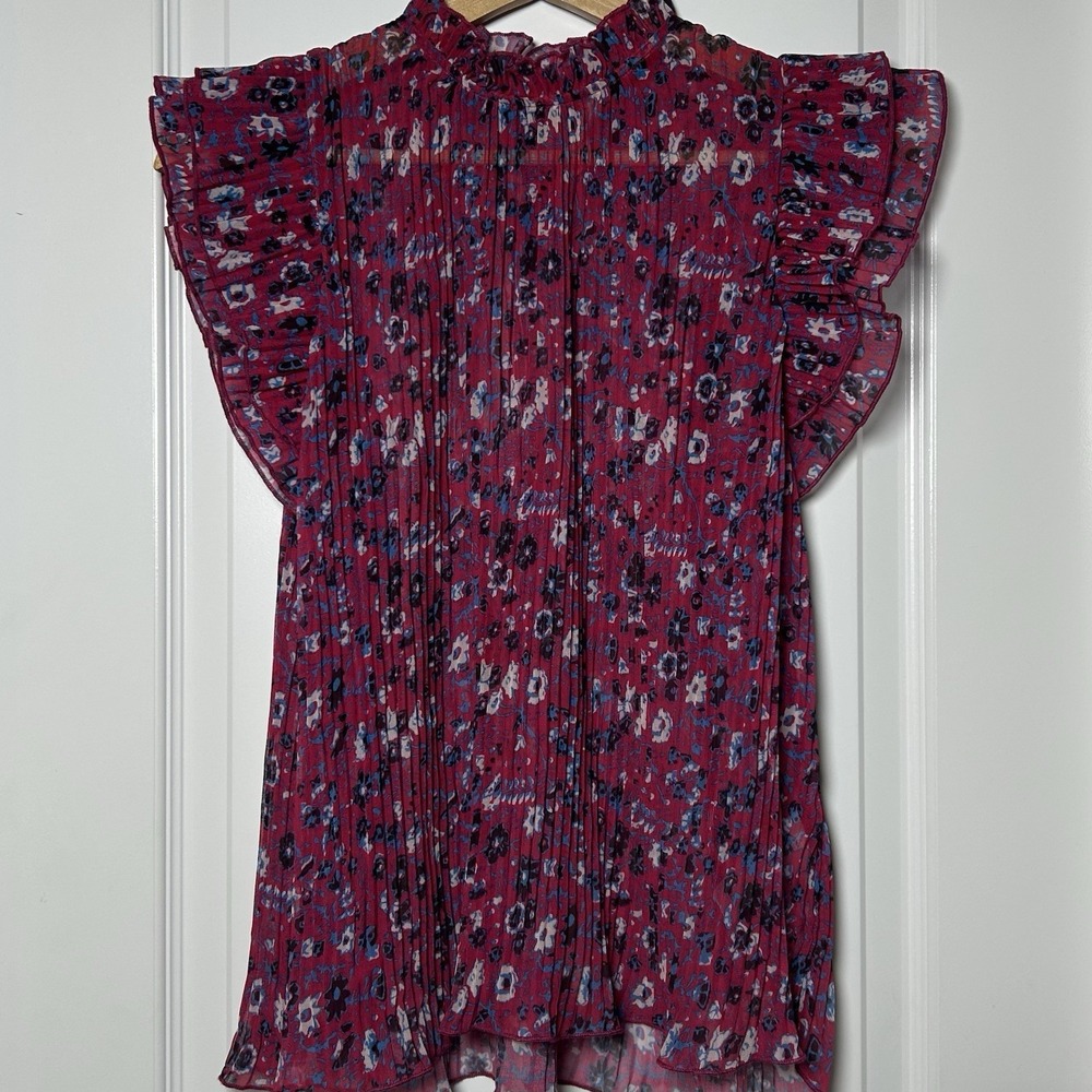 Anthropologie Cranberry Wine Pleated Chiffon Floral Flutter Ruffle Sleeve Blouse